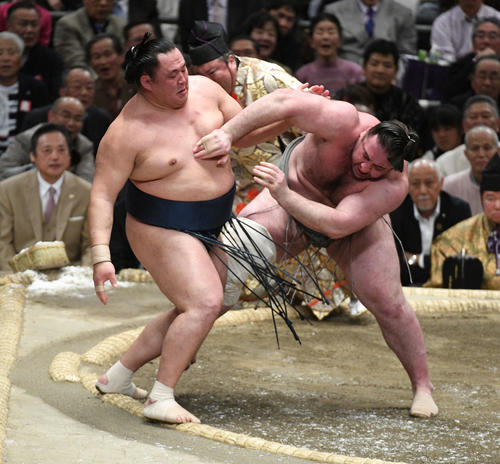 栃ノ心（右）は玉鷲を押し出す（撮影・渦原淳）