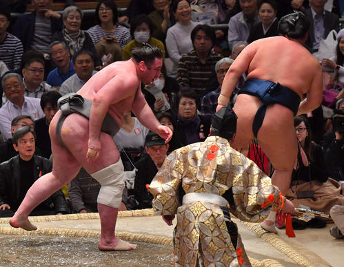 玉鷲（右）に押し出しで勝利する栃ノ心（撮影・上田博志）