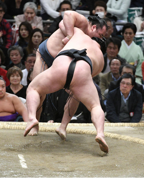 豪栄道（手前）は鶴竜を押し出す（撮影・渦原淳）
