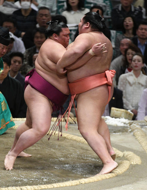 御嶽海（左）は千代大龍を寄り切る（撮影・渦原淳）