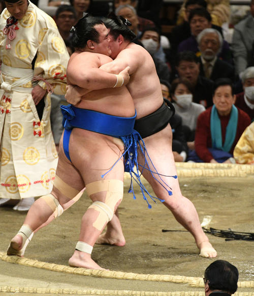 竜電(右)は琴奨菊を寄り切る
(撮影・渦原淳)