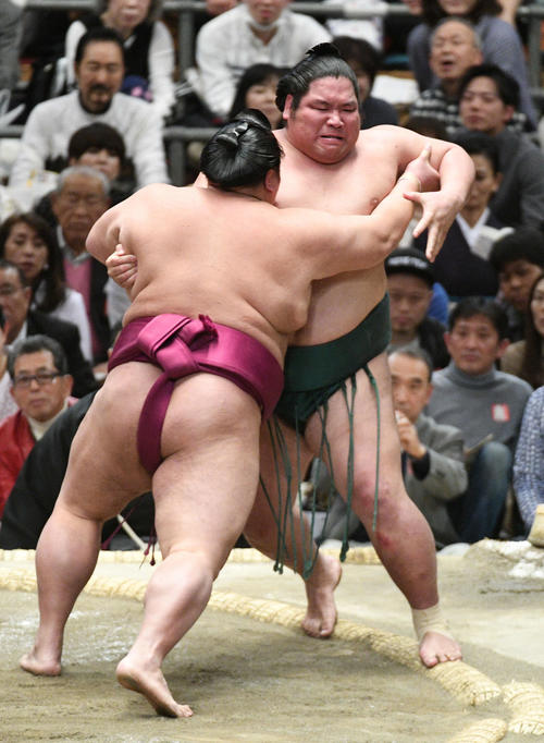 御嶽海(左)は錦木を押し出す(撮影・渦原淳)