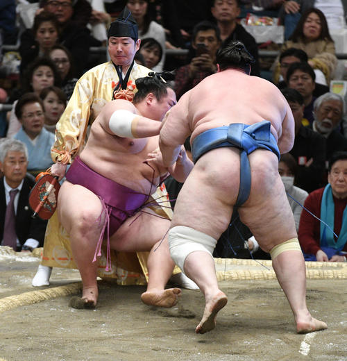 碧山(右)は友風を突き倒しに破る(撮影・渦原淳)