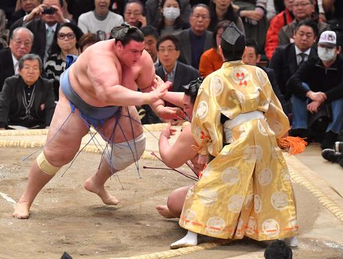 友風(右)に突き倒しで勝利する碧山(撮影・上田博志)