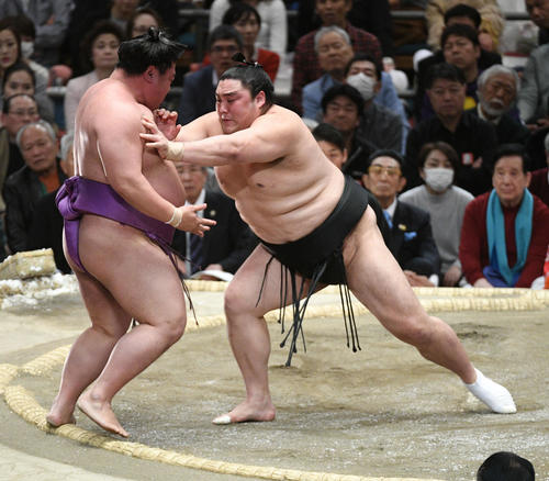 隠岐の海(右)は嘉風を押し出す(撮影・渦原淳
