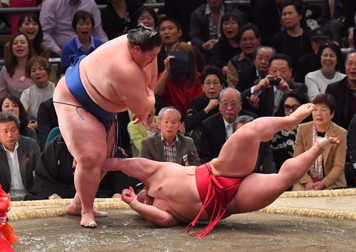 大栄翔(右)にはたき込みで勝利する逸ノ城(撮影・上田博志)
