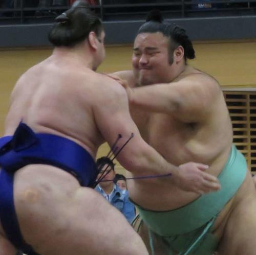 巡業の取組で栃ノ心（左）を押し込む貴景勝