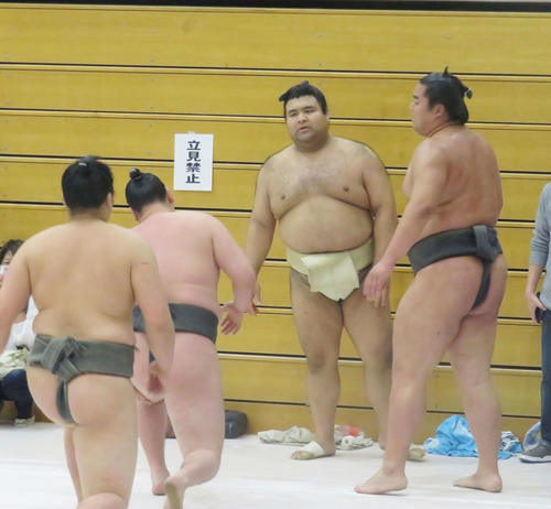 巡業で若い衆に基礎運動を指導する高安（右から2番目）（撮影・佐藤礼征）