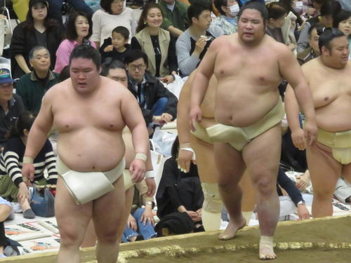 春巡業で初めて稽古土俵で相撲を取った豪栄道（左）と錦木