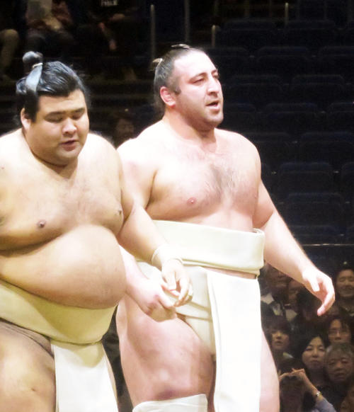 横浜市内で行われた春巡業で高安（左）との三番稽古に臨んだ栃ノ心（撮影・佐藤礼征）