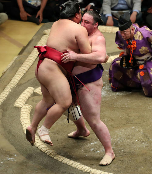 大栄翔（左）をつり出しで破る栃ノ心（撮影・鈴木正人）
