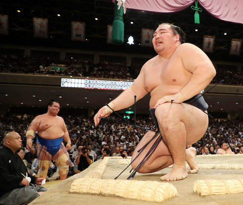 琴奨菊（左）を上手投げで破った鶴竜（撮影・鈴木正人）