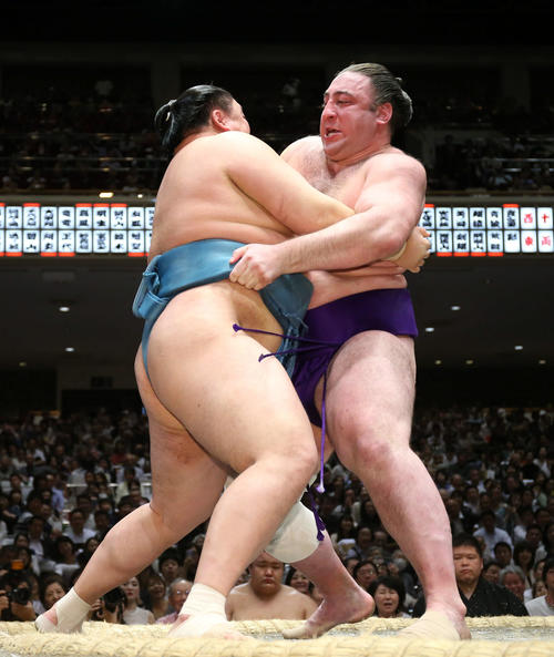 玉鷲（左）を攻める栃ノ心（撮影・河田真司）