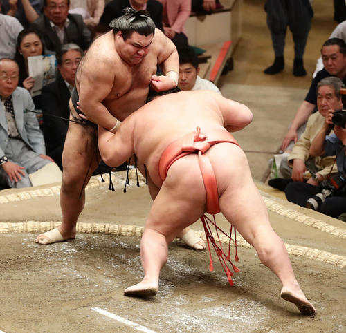 千代大龍をはたき込みで破った高安（奥）（撮影・丹羽敏通）