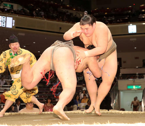 塚原（左）をはたき込みで破る納谷（撮影・鈴木正人）