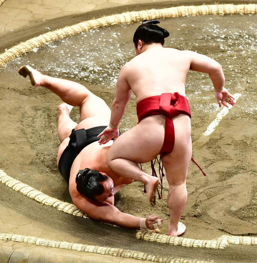 炎鵬は豊ノ島(左)をはたき込みで下す(撮影・小沢裕)