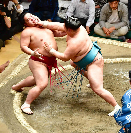 玉鷲(右)は大栄翔を押し出しで下す(撮影・小沢裕)