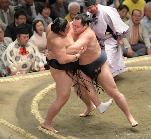 鶴竜(右)は寄り切りで隠岐の海を下す(撮影・加藤諒)