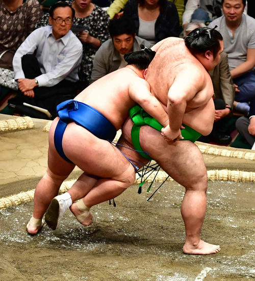 照強（左）は送り掛けで千代丸を下す（撮影・小沢裕）