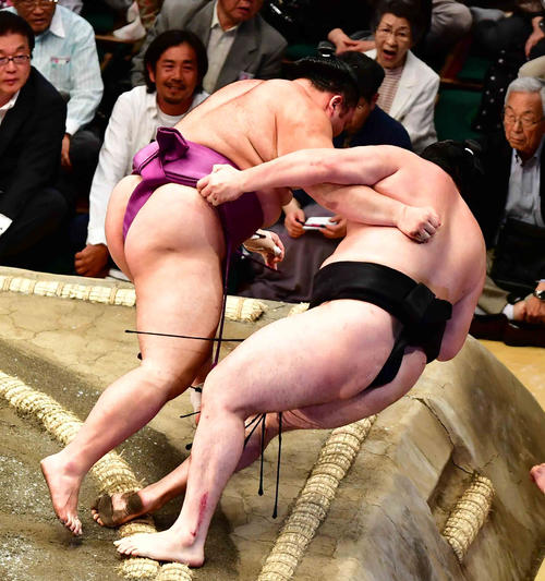 朝乃山（左）は寄り倒しで竜電を下す（撮影・小沢裕）