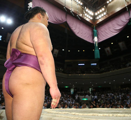 物言いが付き、協議結果を待つ朝乃山（撮影・河田真司）
