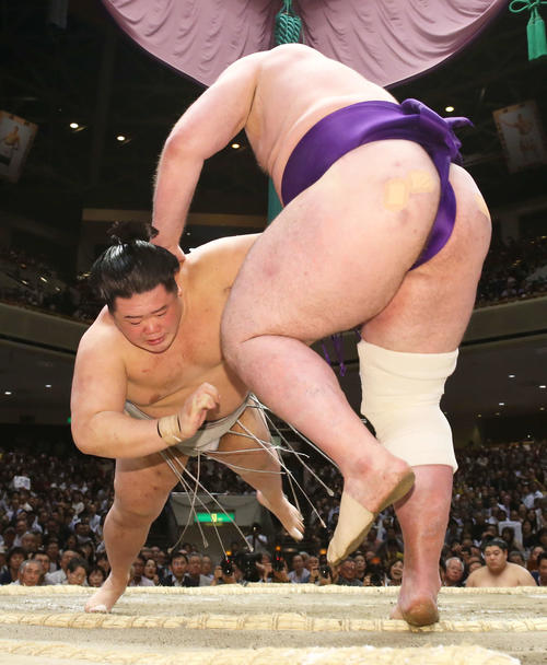 栃ノ心（右）を寄り切りで破る明生（撮影・河田真司）