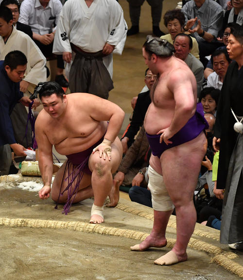 朝乃山（左）は栃ノ心を寄り切りで破る（撮影・柴田隆二）