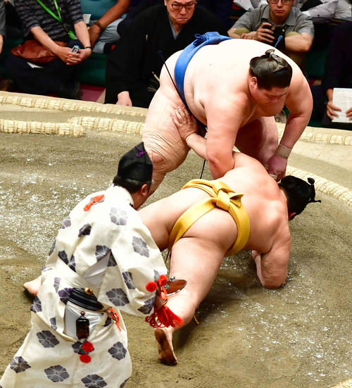 逸ノ城は遠藤（手前）を小手投げで下す（撮影・小沢裕）