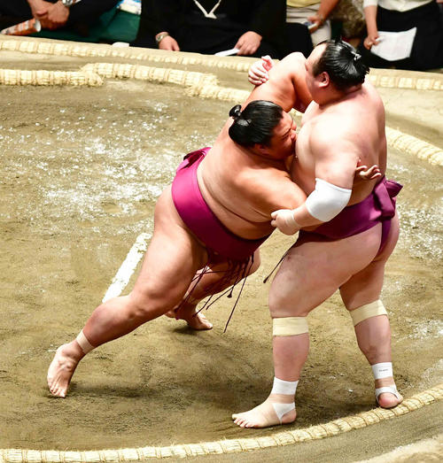 御嶽海（左）は寄り切りで宝富士を下す（撮影・小沢裕）