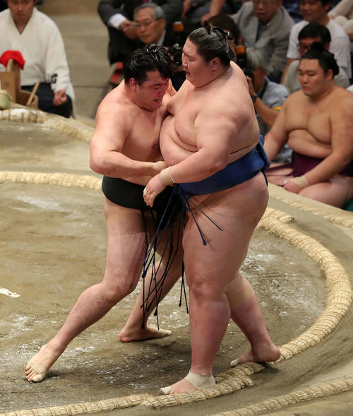 逸ノ城（右）を寄り切りで破る竜電（撮影・鈴木正人）