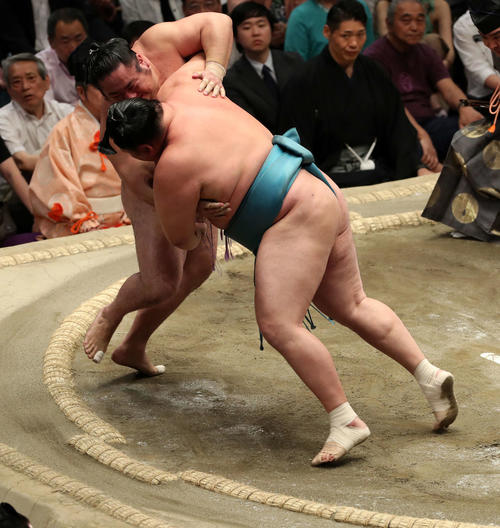 琴恵光（左）を寄り切りで破る玉鷲（撮影・鈴木正人）
