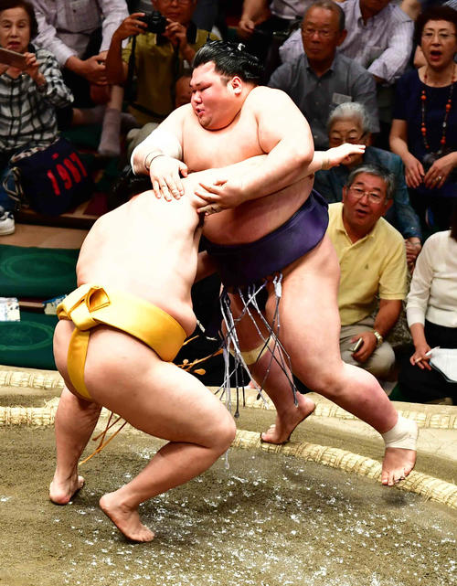 遠藤（左）は寄り切りで遠藤を下す（撮影・小沢裕）