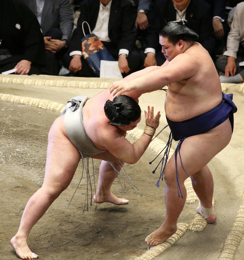 大翔鵬（右）を寄り切りで破る明生（撮影・河田真司）