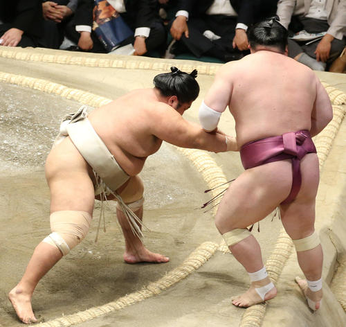 宝富士（右）を押し出しで破る志摩ノ海（撮影・河田真司）