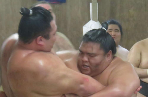 時津風部屋での出稽古で朝乃山（左）を寄り切る御嶽海