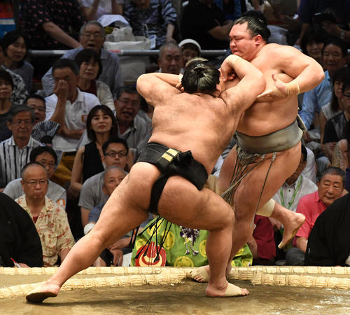 高安（左）は北勝富士を押し出しで破る（撮影・前岡正明）