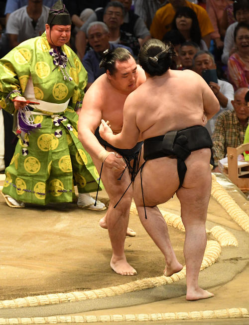 鶴竜（左）は竜電を寄り切りで破る（撮影・前岡正明）