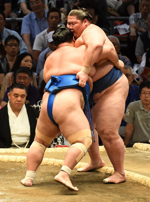琴奨菊（左）は逸ノ城を寄り切りで破る（撮影・前岡正明）