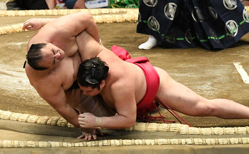 安美錦（左）は竜虎に寄り倒しで敗れる（撮影・前岡正明）