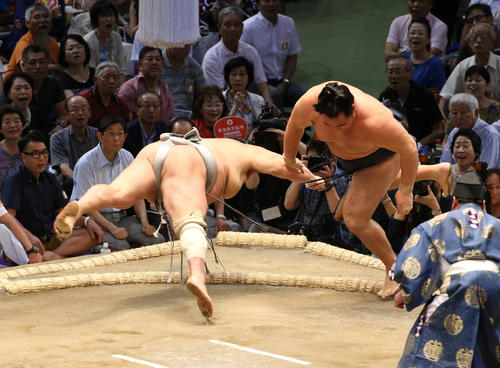 大相撲名古屋場所　北勝富士（左）をはたき込みで破る鶴竜（右）（撮影・白石智彦）