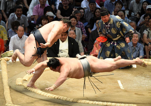 鶴竜（左）は北勝富士をはたき込みで破る（撮影・前岡正明）