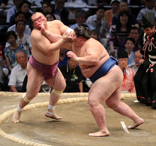 宝富士（左）の顔面を強烈に張る逸ノ城（撮影・鈴木正人）