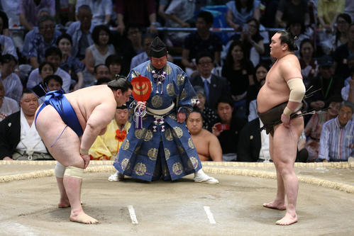 時間いっぱいになるが、腰を上げにらみ合う碧山（左）と白鵬（撮影・河田真司）