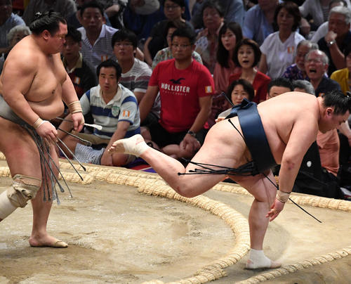 大相撲名古屋場所9日目　北勝富士（左）が突き落としで玉鷲に勝利する（撮影・奥田泰也）