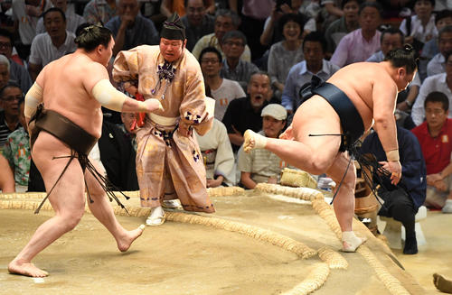 大相撲名古屋場所10日目　白鵬（が左）突き落としで玉鷲に勝利する（撮影・奥田泰也）