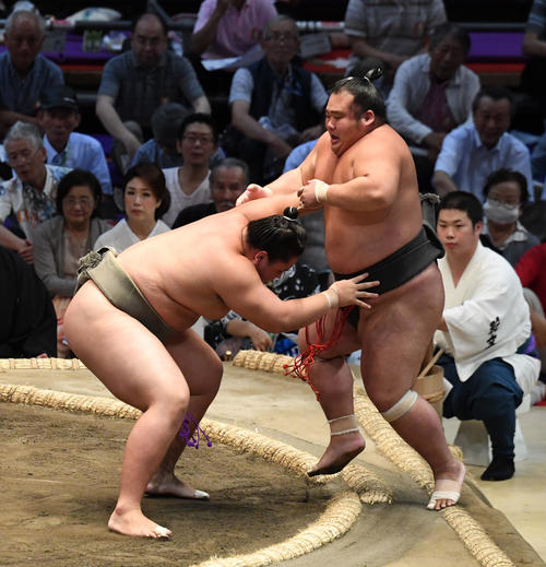 大相撲名古屋場所10日目　琴手計（左）が寄り切って千代嵐に勝利する（撮影・奥田泰也）