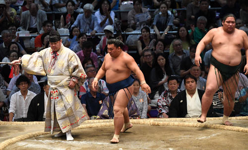 大相撲名古屋場所11日目　照強（中央）が押し出しで錦木（右）に勝利する（撮影・奥田泰也）
