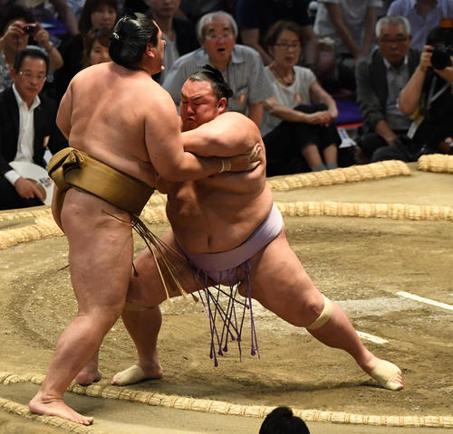 大相撲名古屋場所12日目　琴勇輝（右）が押し出しで輝に勝利する（撮影・奥田泰也）
