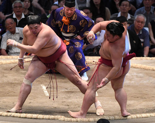 大相撲名古屋場所13日目　阿炎（左）が押し出しで大栄翔に勝利する（撮影・奥田泰也）