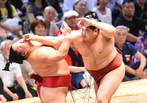 大相撲名古屋場所13日目　大栄翔（左）を強烈な突き押しで攻め込む阿炎（右）（撮影・森本幸一）
